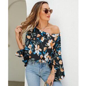 Multi Floral Print Chiffon  Off Shoulder Flowy Top Batwing‎ Sleeve Blouse Shirt